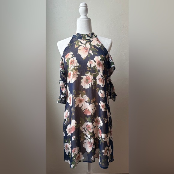 Maurices Dresses & Skirts - Maurices Floral Cold Shoulder Halter Dress Navy/Pink Tie Sleeve Size M